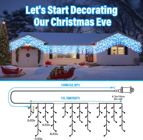 Christmas Icicle Lights Outdoor Blue & White 480 LED 50ft – 8 Modes, Timer & IP44 Waterproof Christmas Lights for Eaves, Fences, Patios & Gardens - Turn Your Home Into a Winter Wonderland