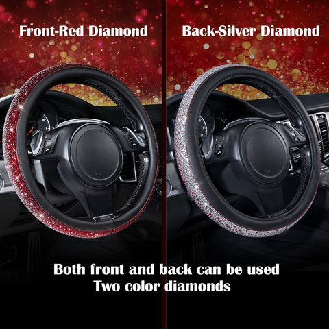 Bling Diamond Leather Steering Wheel Cover Red Silver