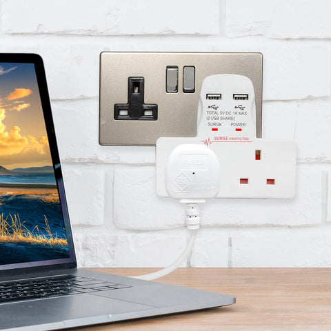 Benross 45600 2-Way Wall Adaptor with 2 USB Ports & Surge Protection – Make One Wall Socket Work Harder for Your Everyday Charging Needs