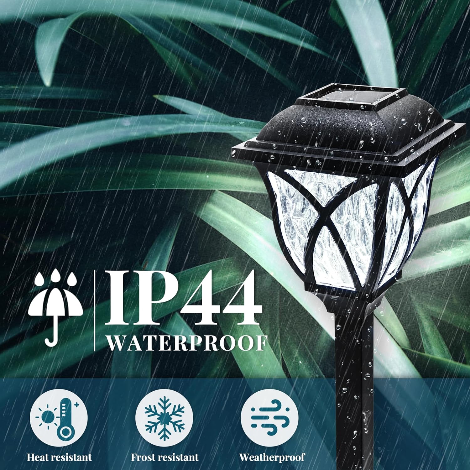 Waterproof outdoor light fixture with raindrop effects and IP44 rating on a green leafy background.