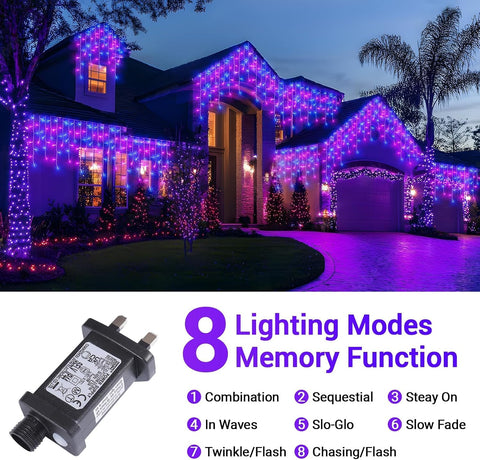 GlobaLink Christmas Icicle Lights 10m 400 LED Blue & Purple – Connectable Outdoor Fairy Lights with 8 Modes, Timer & Memory - Turn Your Roofline Into a Colourful Christmas Display