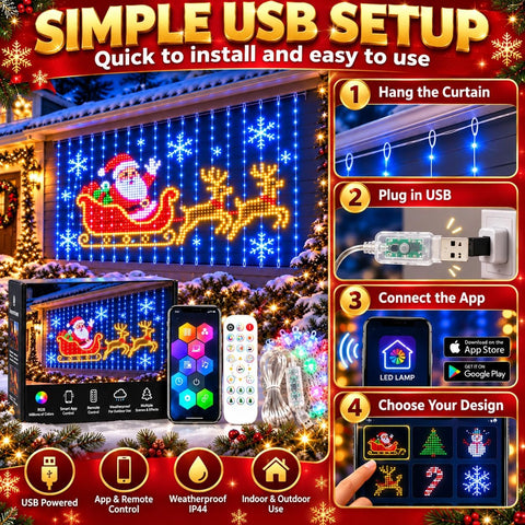 Christmas LED House Net 3x3m – 400 RGB Pixel Smart Outdoor Wall Curtain Lights with App Control, DIY Patterns, Music Sync & IP65 Protection - Turn a Blank Wall Into a Christmas Showpiece