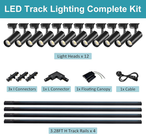 LED track lighting complete kit with light heads, connectors, and rails on a white background.
