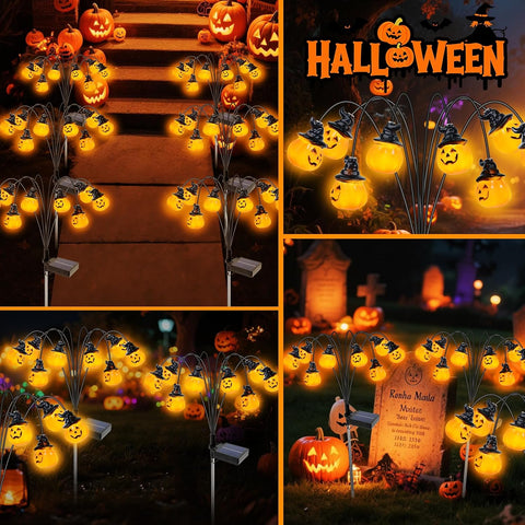 Qoosea Halloween Solar Lights Outdoor 2 Pack Pumpkin Lights, IP65 Waterproof 8 Modes Halloween Garden Ornaments, LED Solar Garden Lamp Festival Decor, Perfect for Pathway Yard Patio Backyard Cemetery