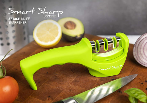 Smart Sharp 3-Stage Professional Knife Sharpener – Manual Kitchen Knife Sharpener with Ceramic Stone, Tungsten Carbide & Diamond Rods – Non-Slip Ergonomic Handle (Green)