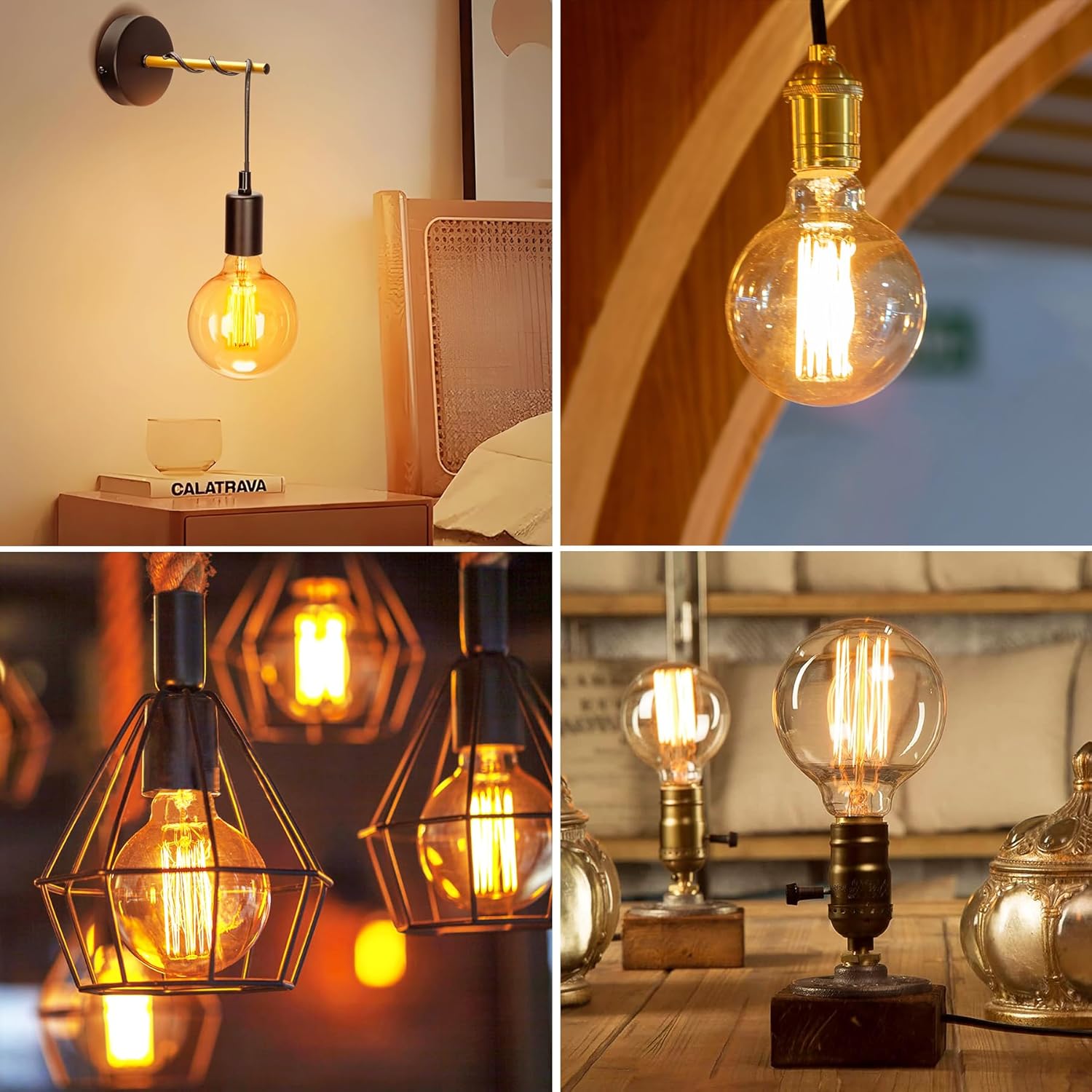 Collage of various vintage-style light bulbs in different settings