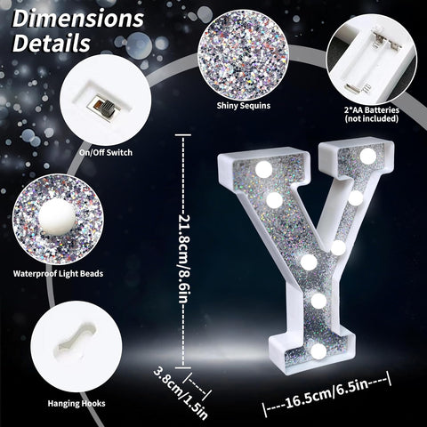 LED Marquee Letter Lights, Light Up Silver Glitter Letters Sign Battery Powered Night Light for Birthday Party Wedding Home Decoration Baby Shower-Y