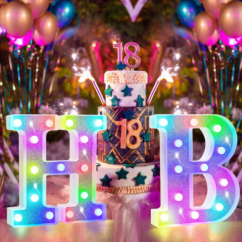 Colorful Light Up Letters, Glitter LED Letter Lights 18 Color Changing Shiny Alphabet Sign Gifts for Girls Women Party Birthday Decorations Remote Night Light Christmas Valentine Wall Table Decor - P
