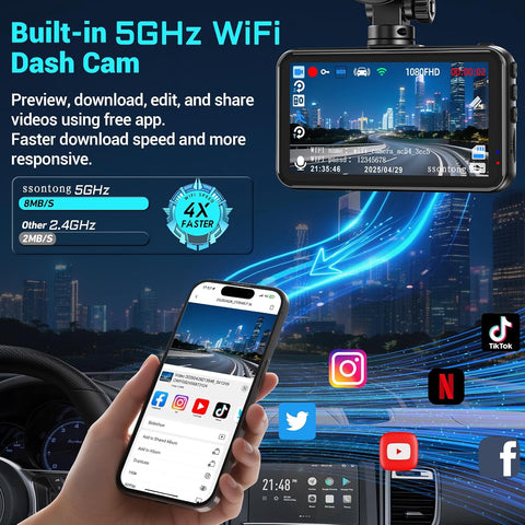 WiFi Dash Cam 1080P with 3" IPS Screen & Night Vision 32GB Car Camera