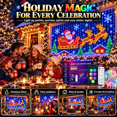Christmas LED House Net & Smart Outdoor Wall Curtain Light – RGB Outdoor Christmas Lights with App & Remote Control, IP65 Waterproof Net Lighting for Windows, Walls, Balconies & Gardens - Turn Your Home Into a Christmas Scene Worth Coming Home To