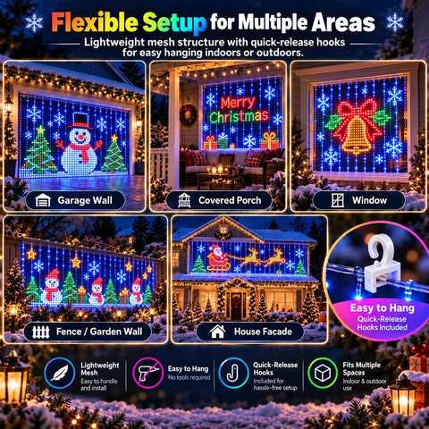 Smart LED Curtain Lights Christmas – RGB Outdoor Curtain Lights with Bluetooth App, Remote & IP65 Waterproof Mesh for Windows, Walls, Railings & Garages - Turn Your Home Into a Christmas Light Show