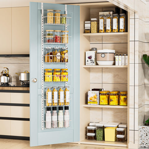 Delamu 8-Tier Over Door Storage Organiser, Adjustable Metal Pantry Shelves, Hanging Spice Rack for Kitchen, Bathroom & Laundry, White