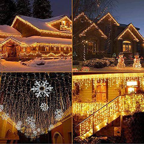 220LED Gresonic Icicle Lights 7.5m Warm White – 8 Modes, Timer & IP44 Outdoor Christmas String Lights - Turn Blank Walls Into a Warm Festive Glow