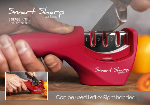 Smart Sharp 3-Stage Knife Sharpener – Professional Manual Kitchen Knife Sharpening Tool with Ceramic Stone, Tungsten Carbide, and Diamond Rods – Ergonomic Non-Slip Design, Red/Chrome Finish