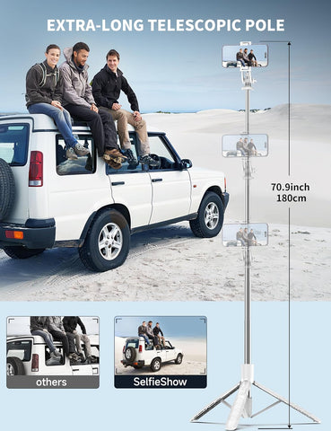 71" White Phone Selfie Stick Tripod with Remote for iPhone & Android