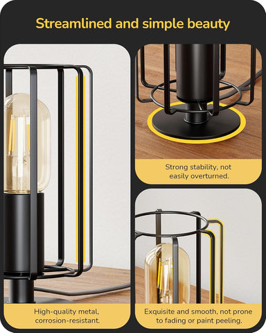 SEDISHINE Industrial Table Lamp – Black Metal Cage Lamp with LED Bulb, E27 Socket & 165cm Cord for Bedroom, Desk, Bedside & Living Room