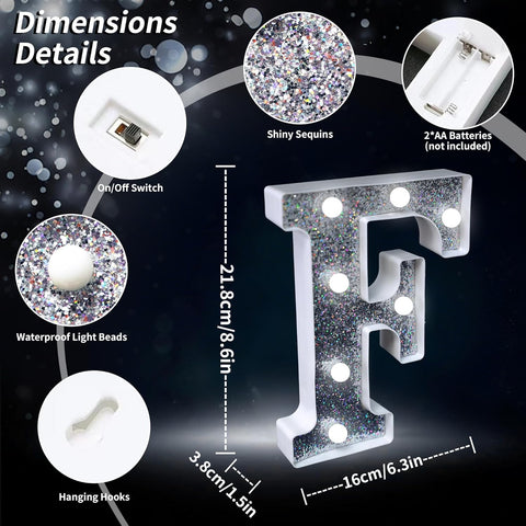 Letter F Style LED Marquee Lamp, Silver Glitter Light Up Letter Sign, Battery Powered Tabletop Decorative Marquee Light with On/Off Switch for Wedding, Birthday, Party and Home Decor