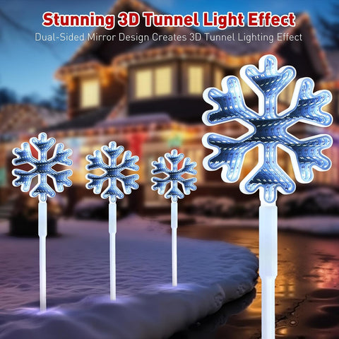 Quntis 3D LED Christmas Pathway Snowflake Lights 4Pack Mains Powered Christmas Path Infinity Lights with 8 Modes Timer Memory Function Mirror Tunnel Effect Xmas Decor Outdoor for Garden Yard Lawn