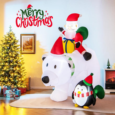210CM Inflatable Christmas Polar Bear with Santa & Penguin – White