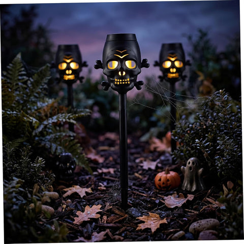2Pcs 6.9in Flickering Flame Skull Solar Torch Light for Garden Pathway in Yellow