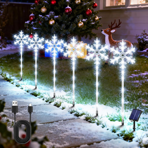 Solar Lights Outdoor Christmas Decorations 6 Pack - 96 LEDs Solar Christmas Snowflake Pathway Lights Outdoor 8 Lighting Modes, Waterproof Xmas Lights for Garden Yard, Cool White