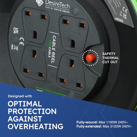 4 Socket 25m Cable Reel Extension Lead with Thermal Cut Out Green
