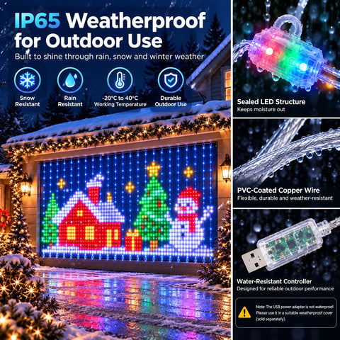 Smart LED Curtain Lights Christmas – RGB Outdoor Curtain Fairy Lights with Bluetooth App, Remote Control & IP65 Weather Resistance - Turn a Plain Wall Into a Festive Light Show