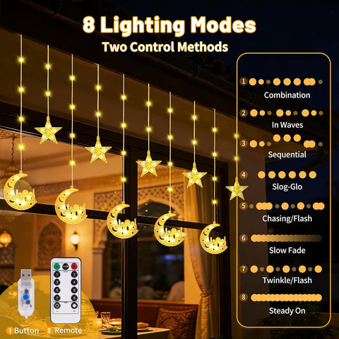 Ramadan Star Moon Curtain Lights – 3M LED Fairy String Lights with USB & Battery Power, 8 Lighting Modes for Indoor Decoration