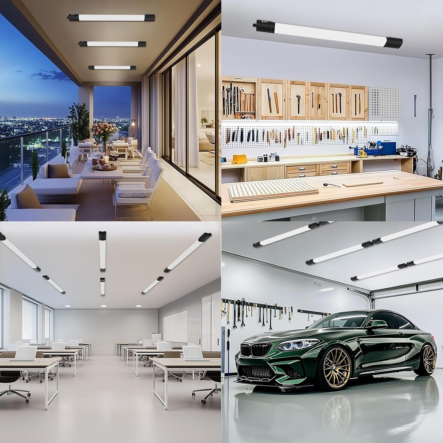 Collage of a modern office, workshop, and car garage with ceiling lights.