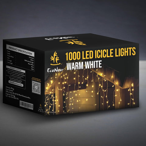 EcoNour 35m 1000 LED Icicle Christmas Lights – Warm White Outdoor Fairy Lights with 8 Modes & Timer for Garden, Windows & Parties - Turn Dark Winter Evenings Into a Warm Festive Glow