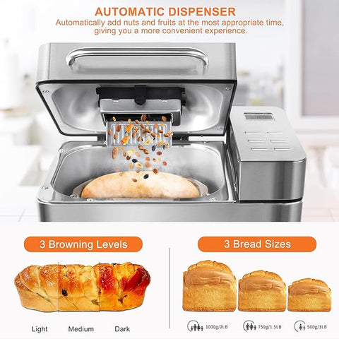 19-in-1 Stainless Steel Bread Maker with Nut Dispenser – 2.2LB Large Bread Machine, Nonstick Pan, LCD Touch Panel, Gluten Free