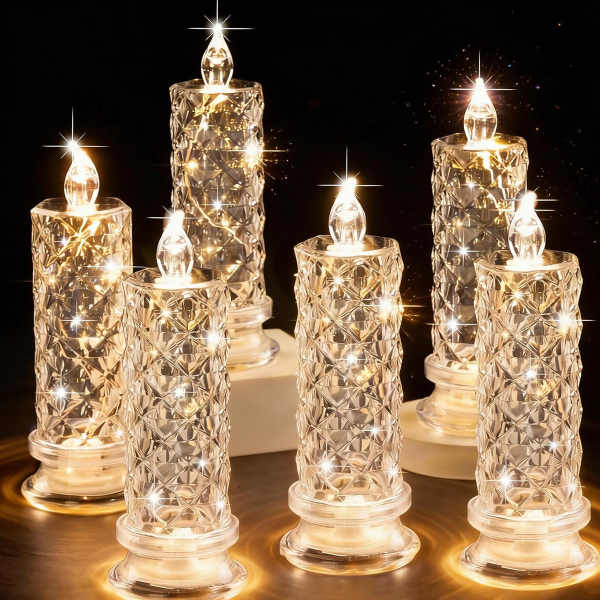 Crystal LED Flameless Candles Set of 6, Diamond-Cut Decorative Glass Candle Holders with Flickering Light for Wedding, Christmas & Holiday Table Décor