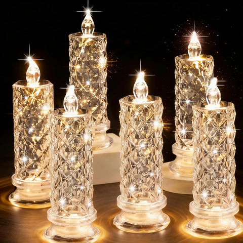 Crystal LED Flameless Candles Set of 6, Diamond-Cut Decorative Glass Candle Holders with Flickering Light for Wedding, Christmas & Holiday Table Décor