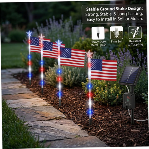 4th Of July Decorations Outdoor, Red White And Blue Solar Lights Outdoor 8 Flag 4th Of July Decorations Led Star Stake Lights, Patriotic Yard Decor, Red White and Blue Solar