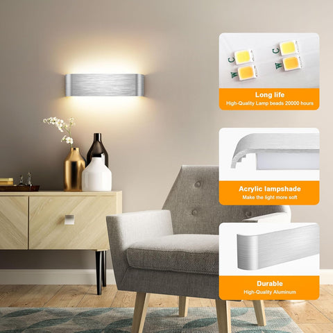Indoor Led Wall Lights - 2 Pack 3000K/4500K/6000K Adjustable Color Temperature Wall Lights for Bedroom Living Room Kitchen Dining Room (Silvery-12 Inch, 2 Pack)