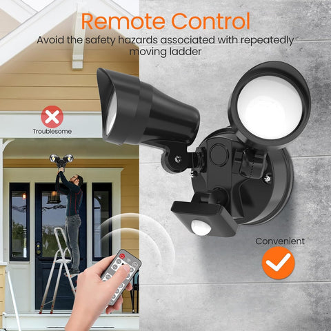 Outdoor security light with remote control feature, showing convenience and safety benefits.