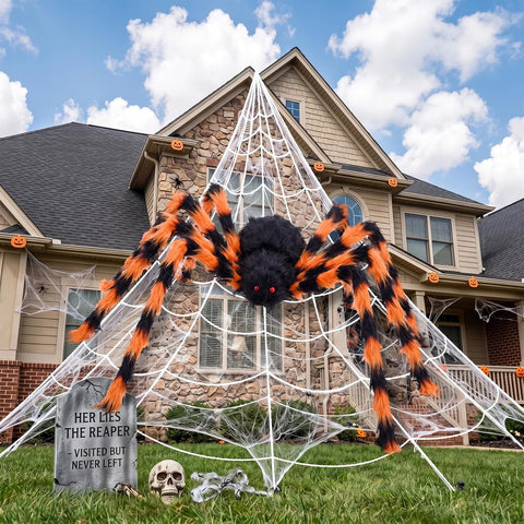 BOSONER Giant Spider Web Halloween Decorations with 50-Inch Large Spider & 16.4 × 15.7 ft Web – Outdoor Halloween Decorations for Gardens, Front Doors, Parties & Haunted Houses