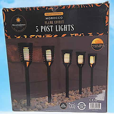 Divas World Solar Powered Morocco Flame Effect LED 5 Post Lights Realistic Amber Flame Ultra Bright for Garden, Patio or Driveways