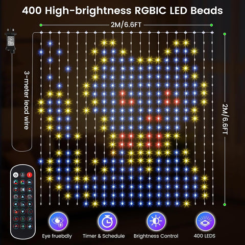 GlobaLink RGBIC Smart Curtain Lights 2x2M 400 LED – App & Remote Controlled RGBIC Curtain Fairy Lights with Music Sync, DIY Patterns & Timer - Turn an Empty Window Into a Colourful Light Show