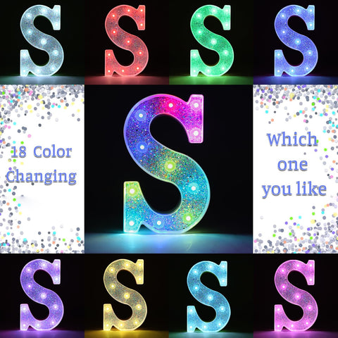 S Style Color Changing LED Letter Light, Glitter Marquee Lamp with 18 Colors, Remote Controlled, Battery Powered Decorative Letter Light for Party, Wedding, Birthday and Home Decor