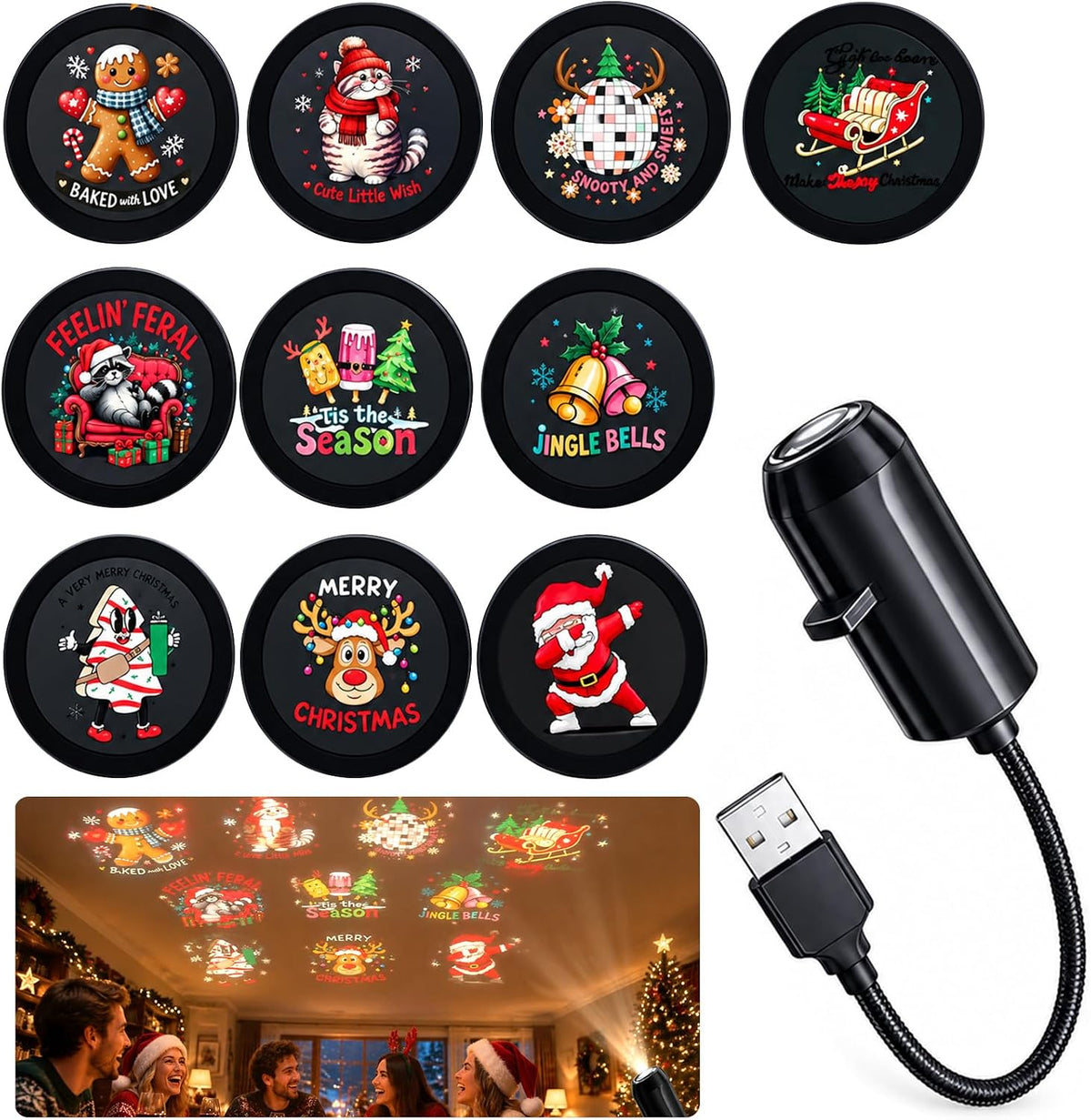 HD 5D Holographic Christmas Night Light Projector – USB 360° Rotating Christmas Projector Light with 10 HD Festive Slides for Bedroom, Living Room & Car