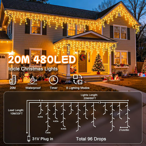 20M 480LED Warm White Icicle Christmas Lights – Outdoor Mains Powered with Timer, Memory & 8 Modes - Turn Your Roofline Into a Winter Glow