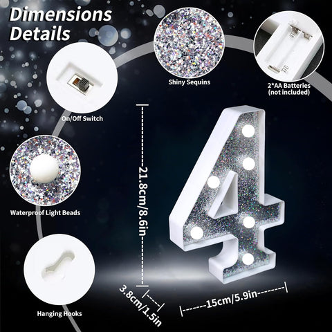 Number 4 Style LED Lamp, Silver Glitter Light Up Number Sign, Battery Powered Tabletop Decorative Number Light with On/Off Switch for Birthday Party, Wedding, Anniversary and Home Decor