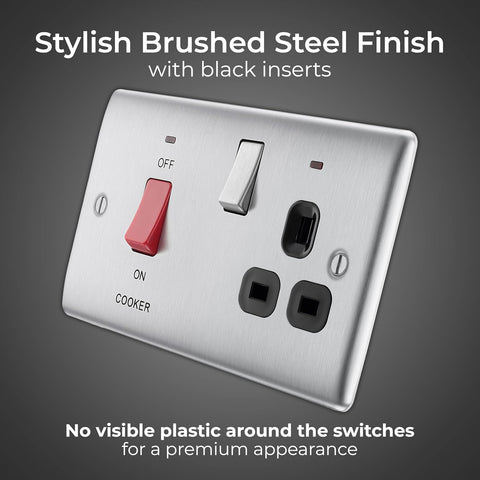 Cooker Switch with Socket and LED 45A Brushed Steel