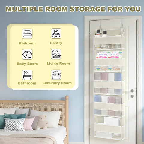 Hhverse Over Door Organiser Storage, Beige – 5 Front Pockets & 10 Mesh Side Pockets, Large-Capacity Hanging Storage