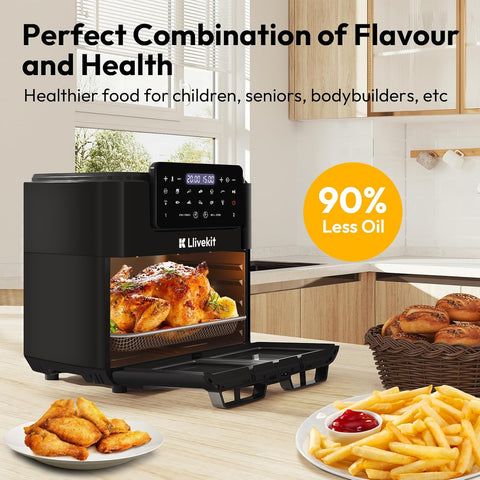 LLIVEKIT 15L Dual Air Fryer Oven – 2600W, 12-in-1, Rotisserie, SYNC Finish & Dual Cook, 8 Accessories, LED Touch Screen