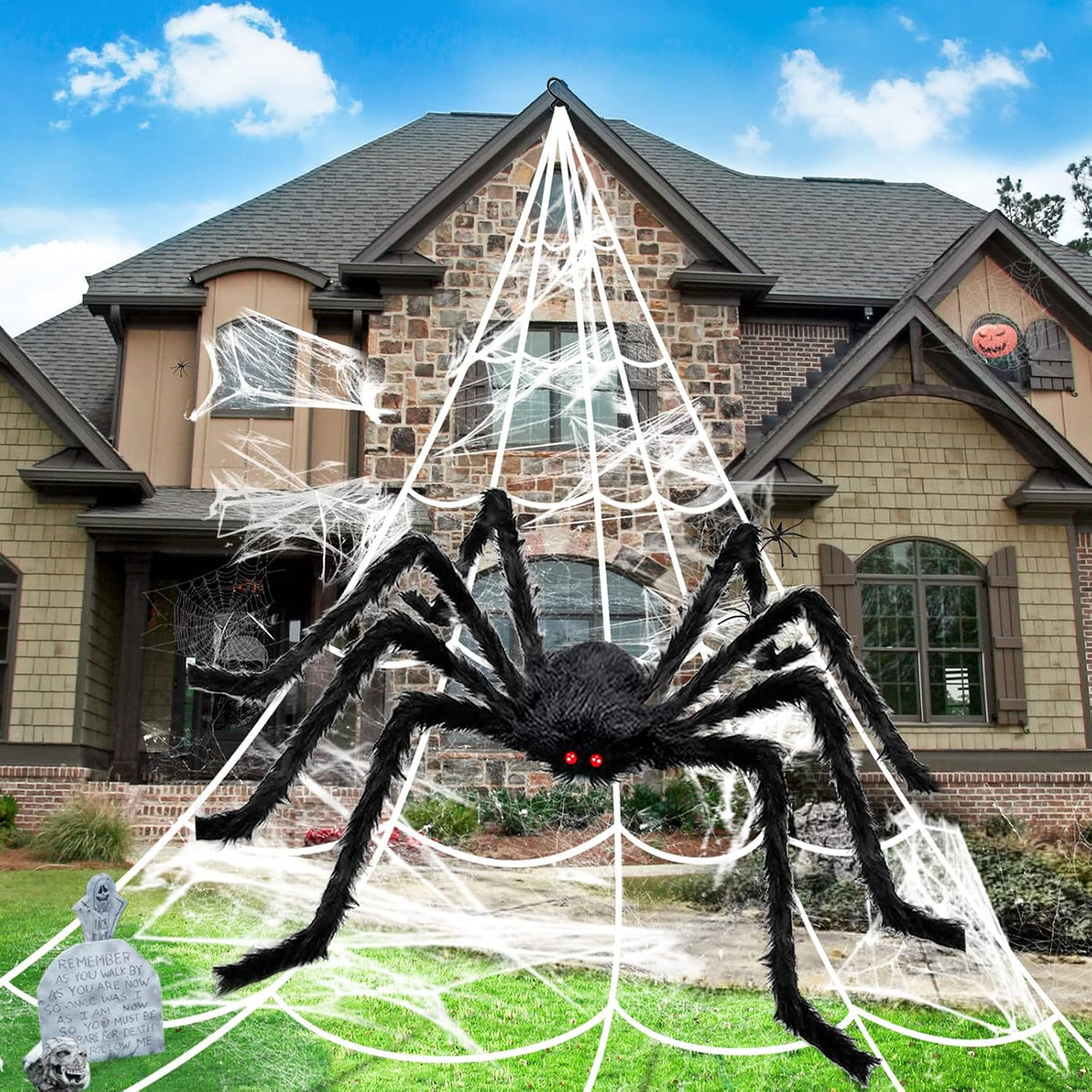 BOSONER Giant Spider Web Halloween Decorations with 50-Inch Large Spider & 16.4 × 15.7 ft Web – Outdoor Halloween Decorations for Gardens, Front Doors, Parties & Haunted Houses