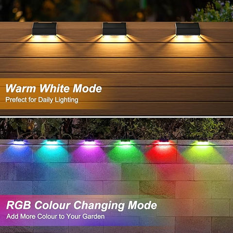 4 pack Dynamic RGB Solar Fence Lights - 8 Lighting Modes Waterproof LED Floodlights with 12+ Hour Runtime