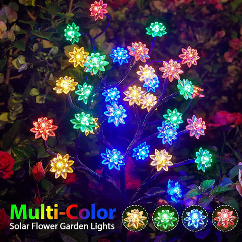 Solar Garden Lights Waterproof Solar Powered Cherry Blossom Lights Multi-Color Garden Stake Light for Yard Patio 4Pcs, Pathway Lighting
