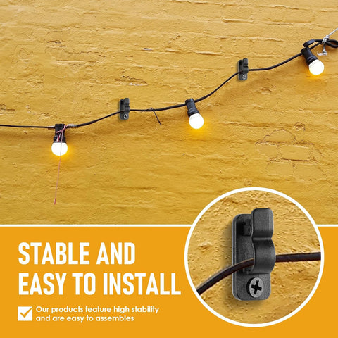 50 Pack Garden Light Hooks with Adhesive & Screws – Black Nylon Outdoor String Light Clips with Safety Buckles for Fences, Patios & Balconies – Keep Every Light Securely in Place